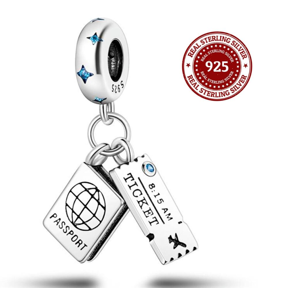 S925 Sterling Silver "Ticket & Passport" Dangling Bracelet Charm, Travel Charm